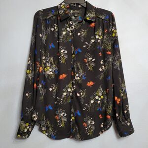 Worthington Womens SM Black Floral Butterfly Print  Fairy Goth Whimsy Blouse